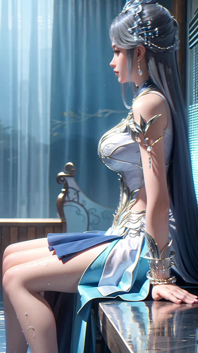 masterpiece, best quality, tthl, 1 girl, 16 years old, solitary, Long hair:1.2, Large Breasts,, Hair accessories, skirt, Bare shoulders, Jewelry, alternative costume, bracelet, earrings, 长skirt, 蕾丝skirt, bracelet, barefoot, 细barefoot, Charming smile,Cross your legs, Sitting in the bathtub, indoors, From below,camisole,wet all over,Water Magic,wet
