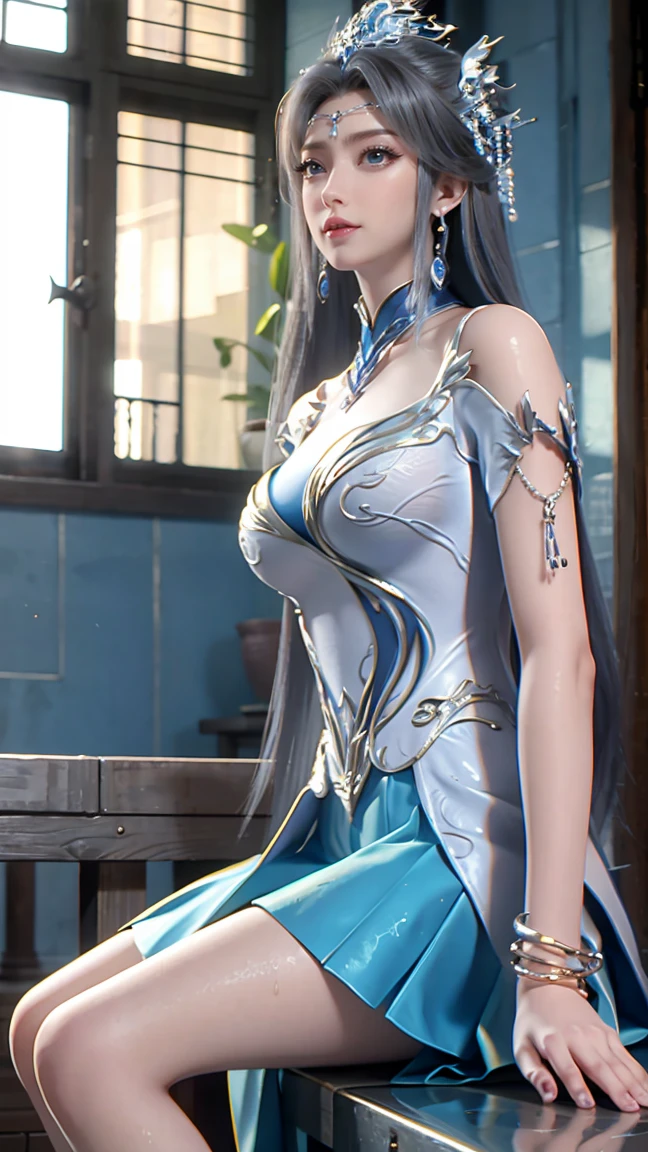 masterpiece, best quality, tthl, 1 girl, 16 years old, solitary, Long hair:1.2, Large Breasts,, Hair accessories, skirt, Bare shoulders, Jewelry, alternative costume, bracelet, earrings, 长skirt, 蕾丝skirt, bracelet, barefoot, 细barefoot, Charming smile,Cross your legs, Sitting in the bathtub, indoors, From below，camisole，wet all over，Water Magic，wet