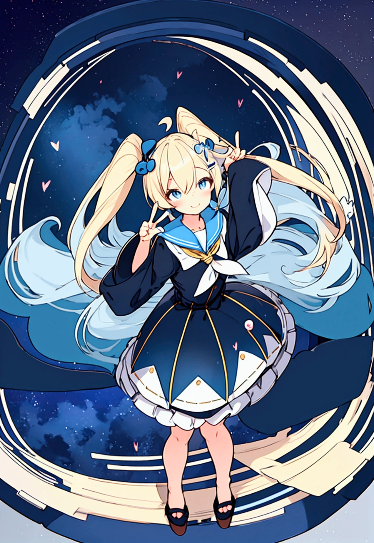 Are standing.Tabletop, Highest quality,shape, wallpaper, Very detailed, Absurd, 1, Blonde,Two-tone hair,Blue inner color hair, Very detailed and beautiful eyes , Hair blowing in the wind、:○、Small Head、Beautiful night sky、(panoramic:1.5),Hearts in eyes,Twin tail hairstyle,beautiful girl,Smiling,Look up,Large Breasts,Sailor suit,Gal,raising both hands high,peace sign,She has two blue hairpins in her hair,
