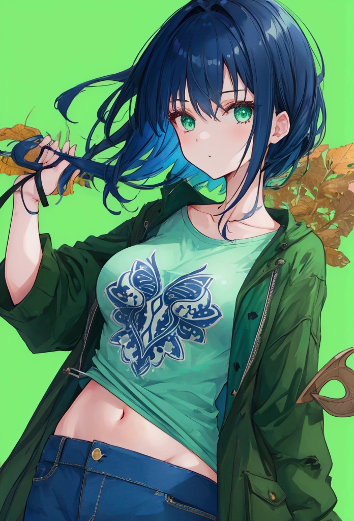 Girl with dark blue hair, green eyes,rectangular body figure, casual clothes
