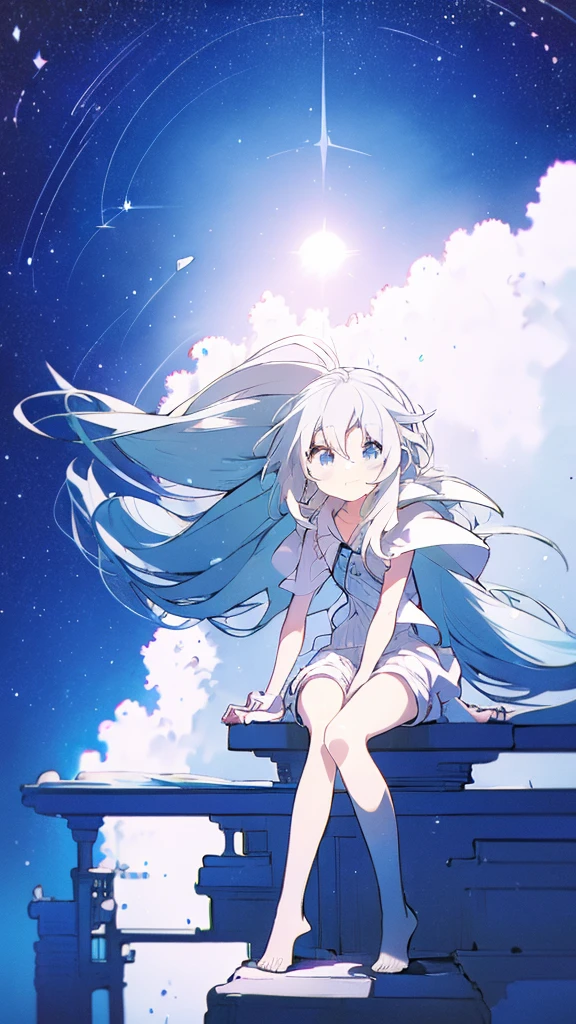 Design clothing,Seven-doppelganger shot,Anime style 4K,High quality anime art style,Standing painting,Splash ink background,Blue Themes、Pure white background,Buildings,Face close-up,Buildings,Moon and sun、Shining Star々,milky way,Bright Sky,Looking at me,Facing forward,Clear eyes and nose,cute,beautiful,Thin legs,sitting by the water, black long hair, Blue eyes, girl, bob, front, whole body,White hoodie, Gray shorts,White and blue shoes,(((Anime style))),cute,Blue Background,Black Hair,Long Hair