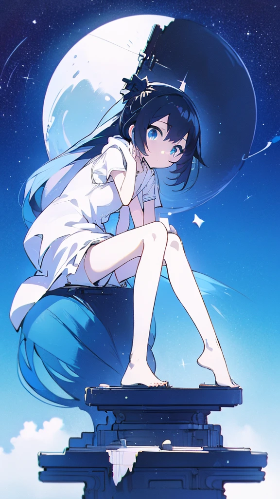 Design clothing,Seven-doppelganger shot,Anime style 4K,High quality anime art style,Standing painting,Splash ink background,Blue Themes、Pure white background,Buildings,Face close-up,Buildings,Moon and sun、Shining Star々,milky way,Bright Sky,Looking at me,Facing forward,Clear eyes and nose,cute,beautiful,Thin legs,sitting by the water, black long hair, Blue eyes, girl, bob, front, whole body,White hoodie, Gray shorts,White and blue shoes,(((Anime style))),cute,Blue Background,Black Hair,Long Hair