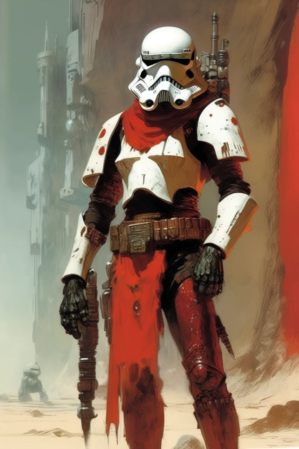 A stormtrooper, concept art, cyberpunk, stranger, fighter, star wars, heavy armor, light weapon, thin waist, frank frazetta style, alone, alien ambient, red drawnings on the helmet, red tribal drawnings on the armor