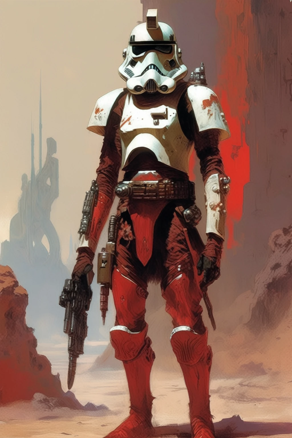 A stormtrooper, concept art, cyberpunk, stranger, fighter, star wars, heavy armor, light weapon, thin waist, frank frazetta style, alone, alien ambient, red drawnings on the helmet, red tribal drawnings on the armor