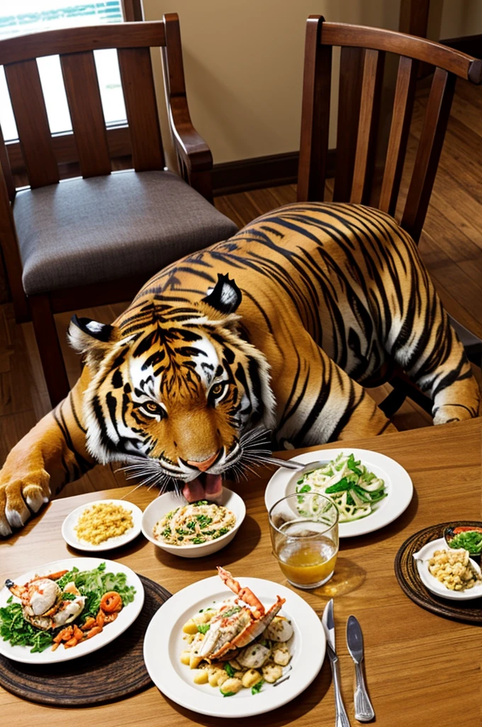 Tiger, sits at the table and eats crab like a person 