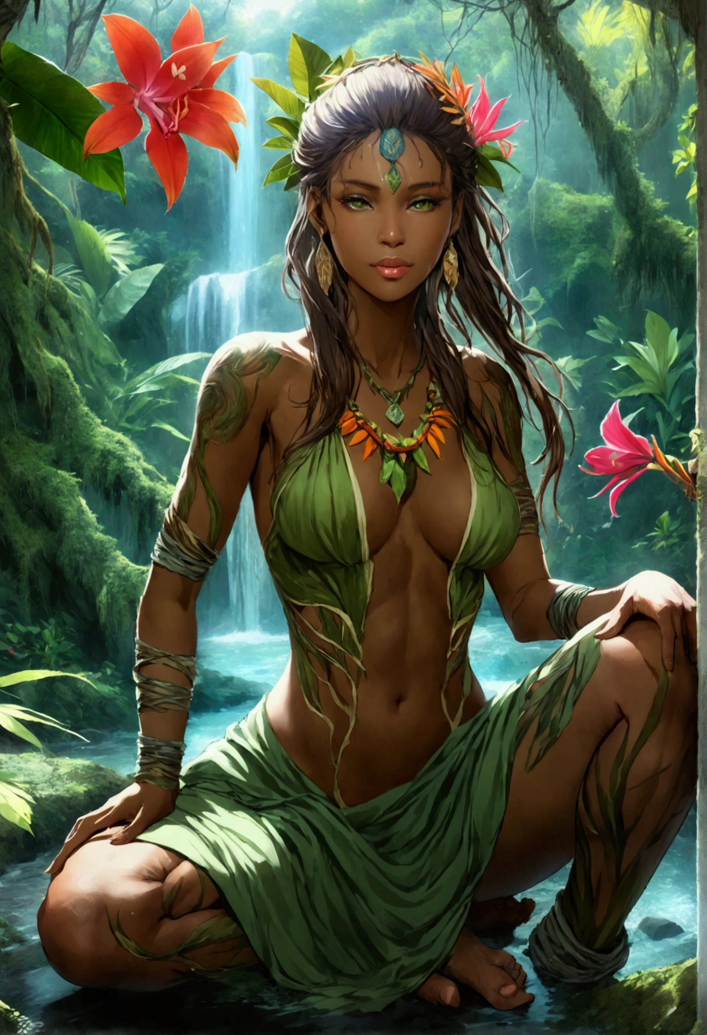  a picture of a druid in her jungle cove, an exotic, most beautiful human druid, priest of nature, warden of the wild of the jungle, full body, ((anatomically correct: 1.5)) long hair, wild hair, dynamic hair color, flowers and leaves in her hair, wearing a green robe, small cleavage, high boots, eyes glowing with magic, she protects her jungle grove, many old (cacao trees: 1.3), orchids trees, heliconia flowers, some wild life, a (stream of water: 1.3), fantasy art, vibrant, Ultra-high resolution, High Contrast, (masterpiece:1.5), highest quality, Best aesthetics), best details, best quality, highres, ultra wide angle, 16k, [ultra detailed], masterpiece, best quality, (extremely detailed) RAW, 