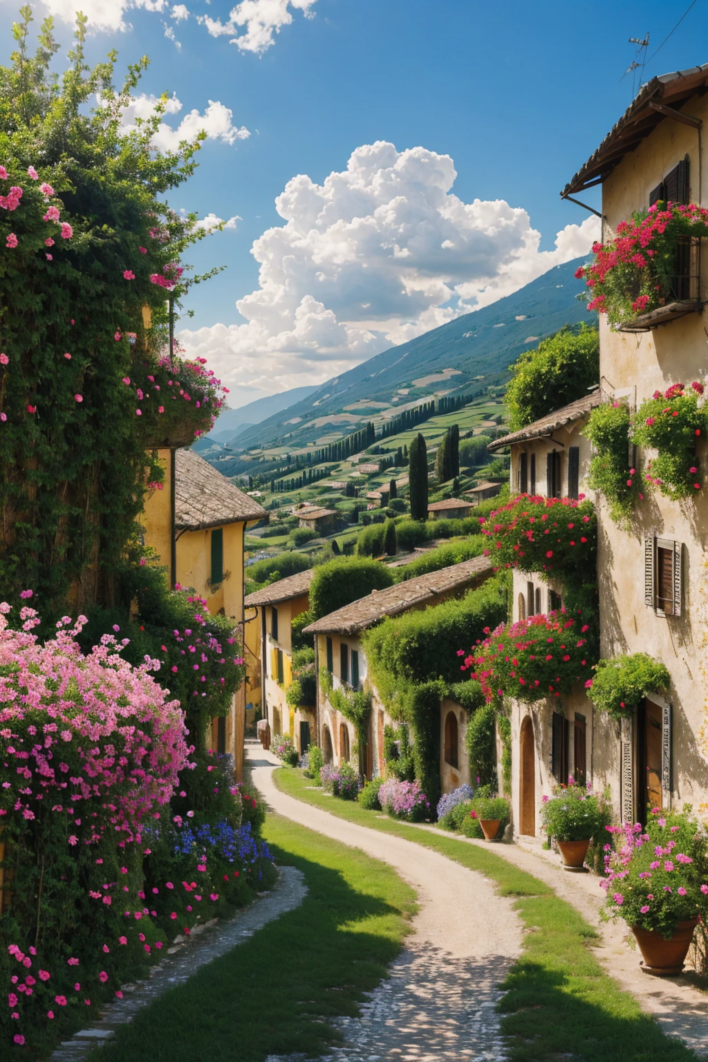 realistic landscape of the Italy village afternoon, clouds are white, flowers and trees have vivid colors