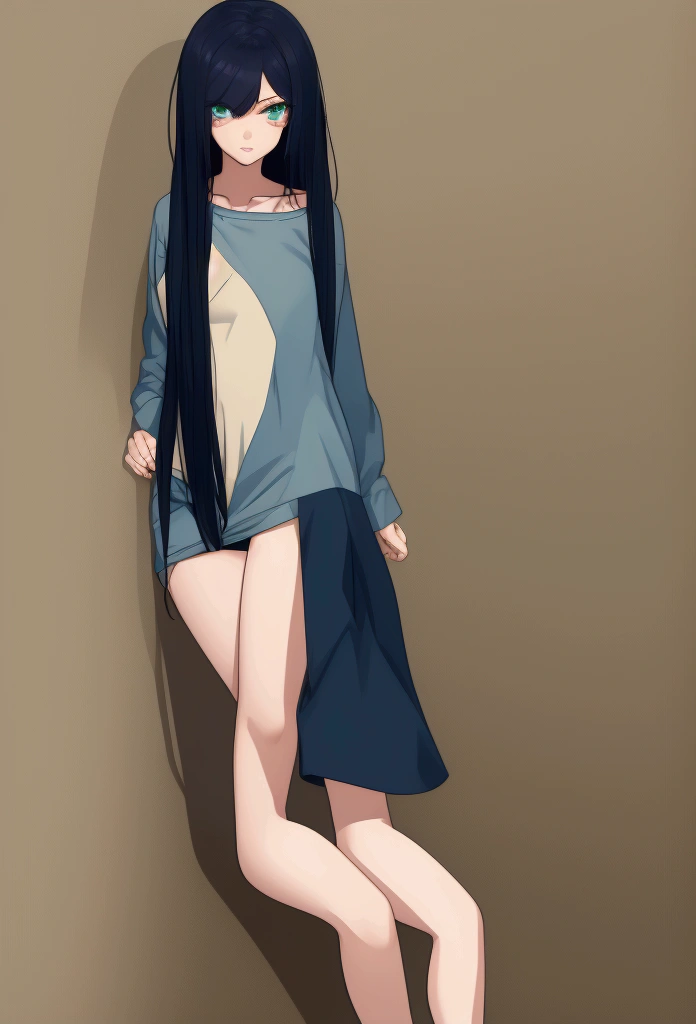 Girl with dark blue hair, green eyes,rectangular body figure, casual clothes