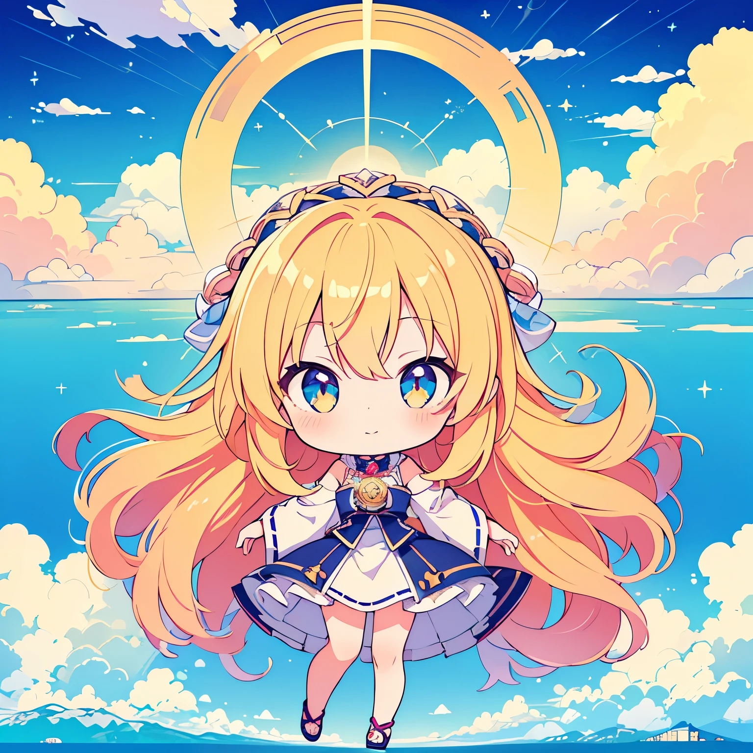 ((Highest quality)), ((masterpiece)), (detailed), Perfect Face, Perfect Arms, Perfect hands, Perfect Fingers, anime, Ultra-fine illustration, One girl, ((Chibi Character)), cute, ((goddess)), (prayer:1.3), Blonde Long Hair, (Above the Clouds:1.3), (skyline:1.2), (shine), Sparkling, Full Body Shot,
