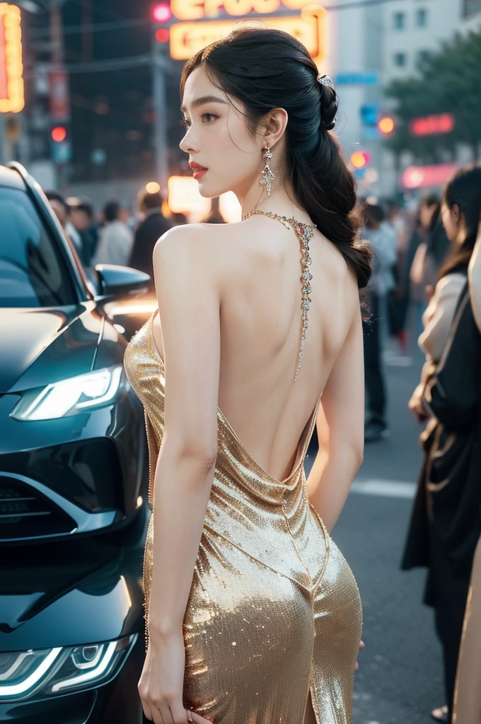 (((best quality))),(((ultra detailed))),(((masterpiece))),illustration,((1girl,gorgeous female model,solo)),((earrings,crystal necklace)),((slim,thin)),((bare back,towering hips,butt crack)),(standing:1.3),(beside a sleek futuristic car:1.3),(glamorres sparkled gown:1.3),intricate embellishments,drop-dead gorgeous,(shoulder length straight hair:1.2),vibrant piercing eyes,delicate facial features,rosy cheeks,parted res lips,confident allure,beauty grace,intricate patterns,shimmering fabric,elegant draping,complementary skin tone,radiates beauty,allure,sleek streamlined design,futurism,smooth curves angles,ambient lighting,ethereal aura,intricate patterns,LED lights,glow,sea of activity,(surrounded by crowded crowds:1.3),examine cars,electric atmosphere,cyberpunk style,excitement anticipation,energy palpable,enthusiasm future automobiles,modern elegance,technological innovation,captivating vibrant scene,invite viewers step into future,embrace beauty,((from back,upper body))