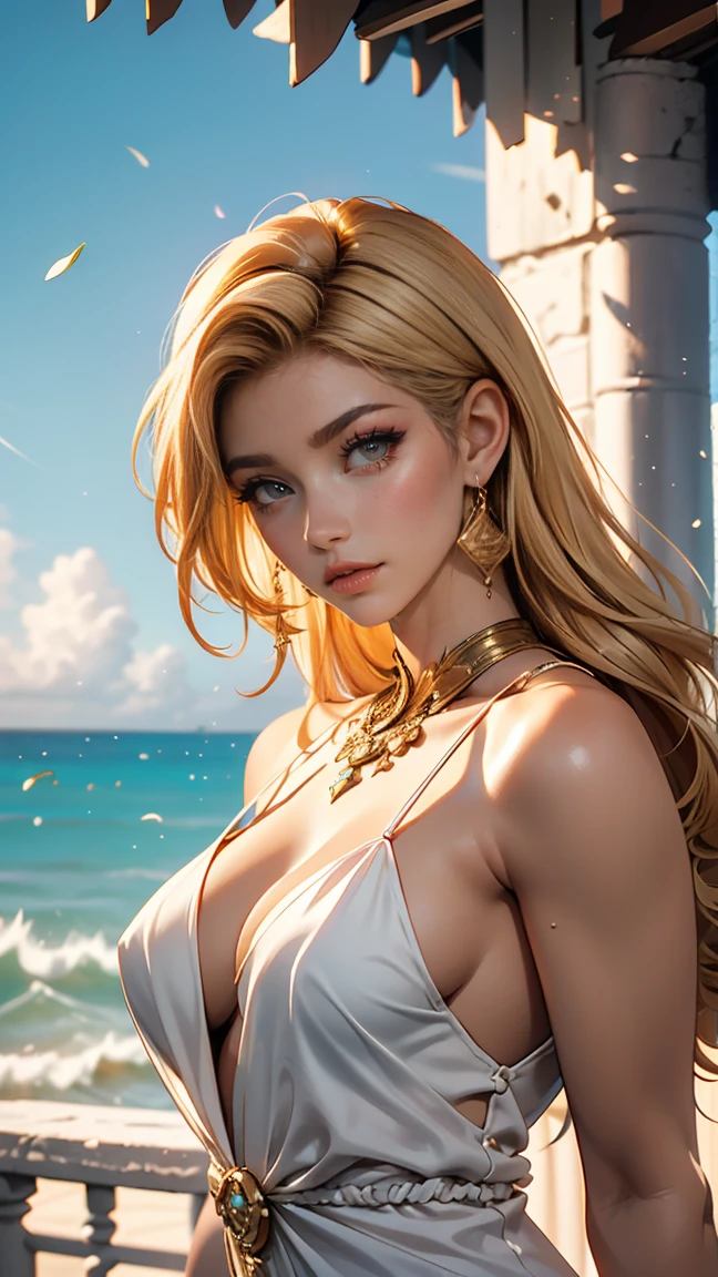 ( high quality , Super detailed, Watch your hands )Zodiac sign - Gemini Goddess , Similar to the goodness of Latin , Twin Goddesses , Curious, Skillful, Humorous, Fascinating, Imaginative faces , Sometimes unrealistic, Restless, Nervous, Careless style ,  Light brown eyes , Light blonde hair , Transparent dress , In the windy sea  , whole body , Sexy Makeup ,