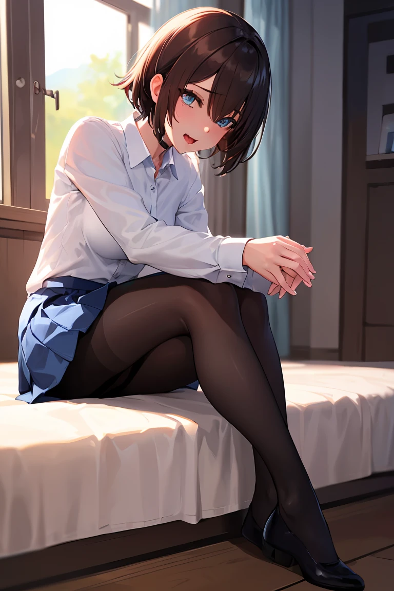 Chisa,brown hair,short hair,medium breasts, brown eyes,hair between eyes, bangs,
BREAK ((collared shirt, (white shirt:1.2), long sleeves, pleated skirt, blue skirt, black pantyhose:1.5))
BREAK kneeling,indoors,implied fingering,fingering,hand under clothes,breast grab,pussy juice,heart,motion blur,panting,saliva,sound effects,
BREAK (masterpiece:1.2), best quality, high resolution, unity 8k wallpaper, (illustration:0.8), (beautiful detailed eyes:1.6), extremely detailed face, perfect lighting, extremely detailed CG, (perfect hands, perfect anatomy),