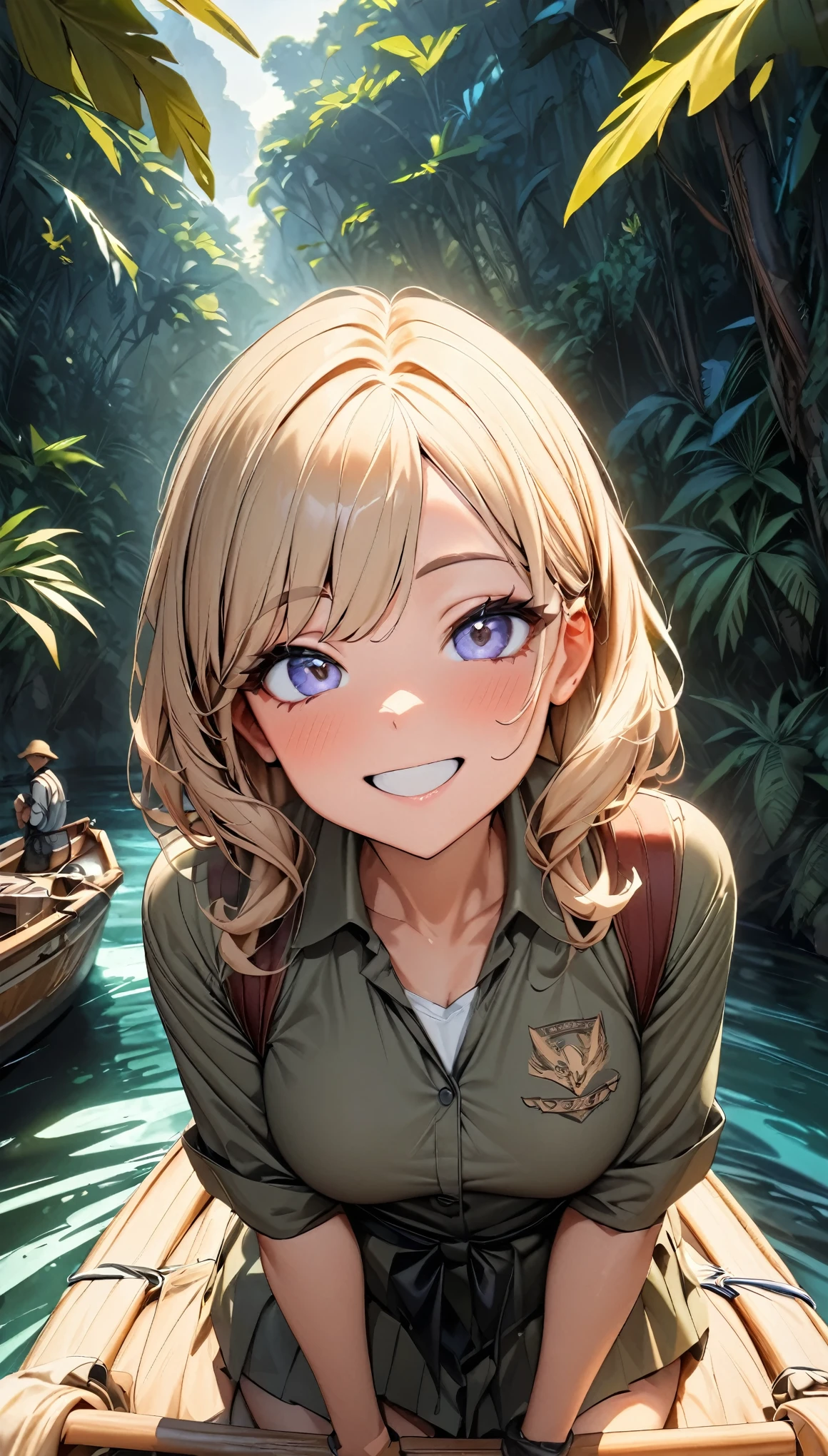 jungleクルーズを楽しんでいる女性, A curvaceous body, Camouflage, Exquisitely rendered equipment, Happy smile, Pointing gesture, Open your mouth, Beautiful eyes, surprise, curiosity, expedition, A sense of adventure, Looking up, ((jungle, Boat ride down the river:1.2)), evening, (Highest quality:1.2, Very detailed, Latest, Vibrant, High Detail, masterpiece:1.2, Highest quality, Best aesthetics), (((1 girl))).