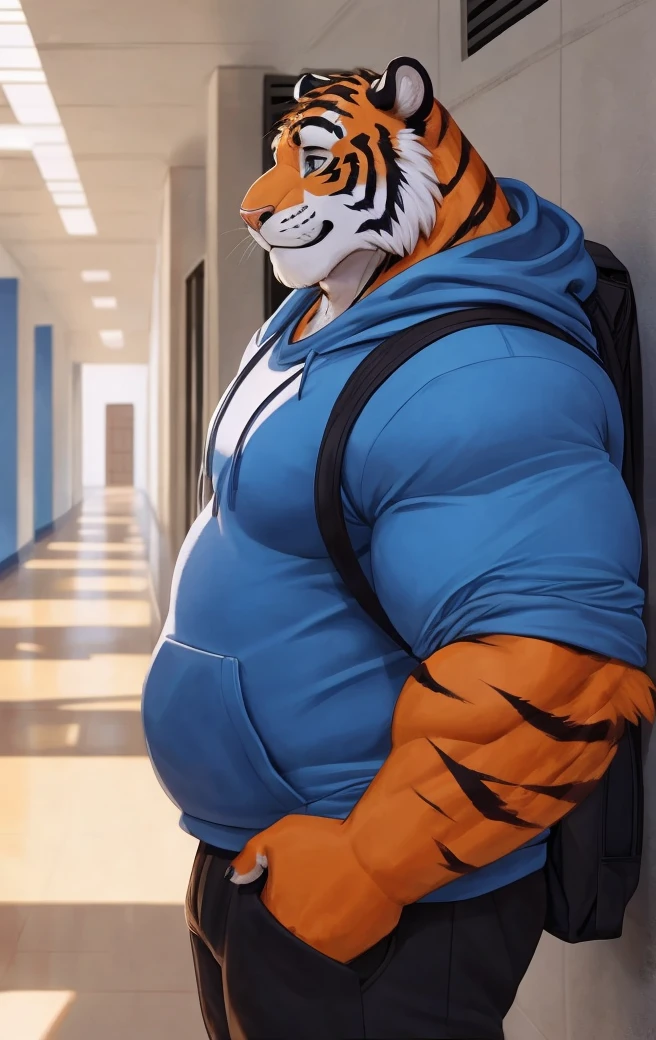 Furry tiger male, wearing hoodie in school. Shiny furry, muscular body, shy smile, wearing backpack. School corridor. 21 years old. Huge body, orange furr, looking at the center 