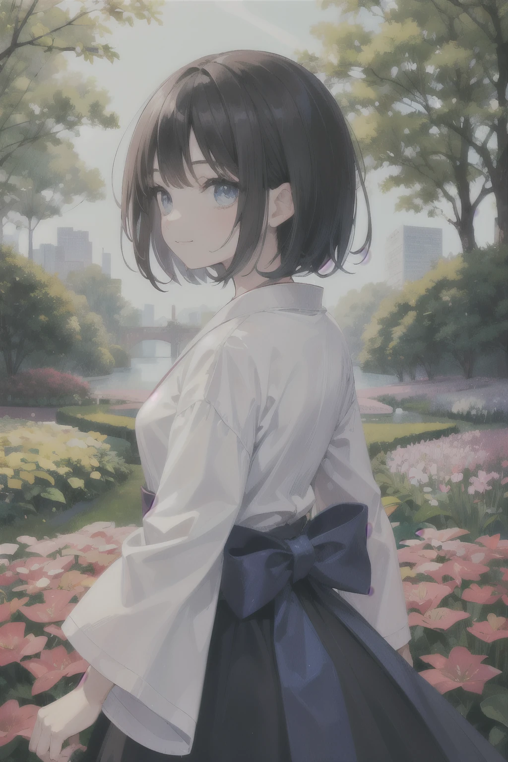 ((Highest quality)), ((masterpiece)), (detailed), (Japanese), 15 years old, Black Hair,(Childish face), (Bob Hair), Girl, small Breasts, , ((Blue eyes)),half-smile ,Sunlight, profile , ((cowboy shot)) , Thea Shirt, arched back, riverbank, flower garden,