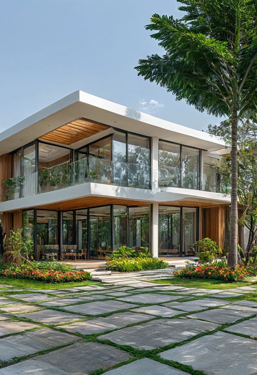 modern house, steet, white tone, steet tree, car on steet, hight quality