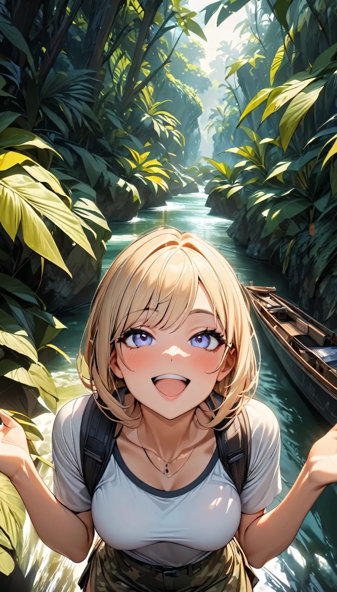 jungleクルーズを楽しんでいる女性, A curvaceous body, Camouflage, Exquisitely rendered equipment, Happy smile, Pointing gesture, Open your mouth, Beautiful eyes, surprise, curiosity, expedition, A sense of adventure, Looking up, ((jungle, Boat ride down the river:1.2)), evening, (Highest quality:1.2, Very detailed, Latest, Vibrant, High Detail, masterpiece:1.2, Highest quality, Best aesthetics), (((1 girl))).