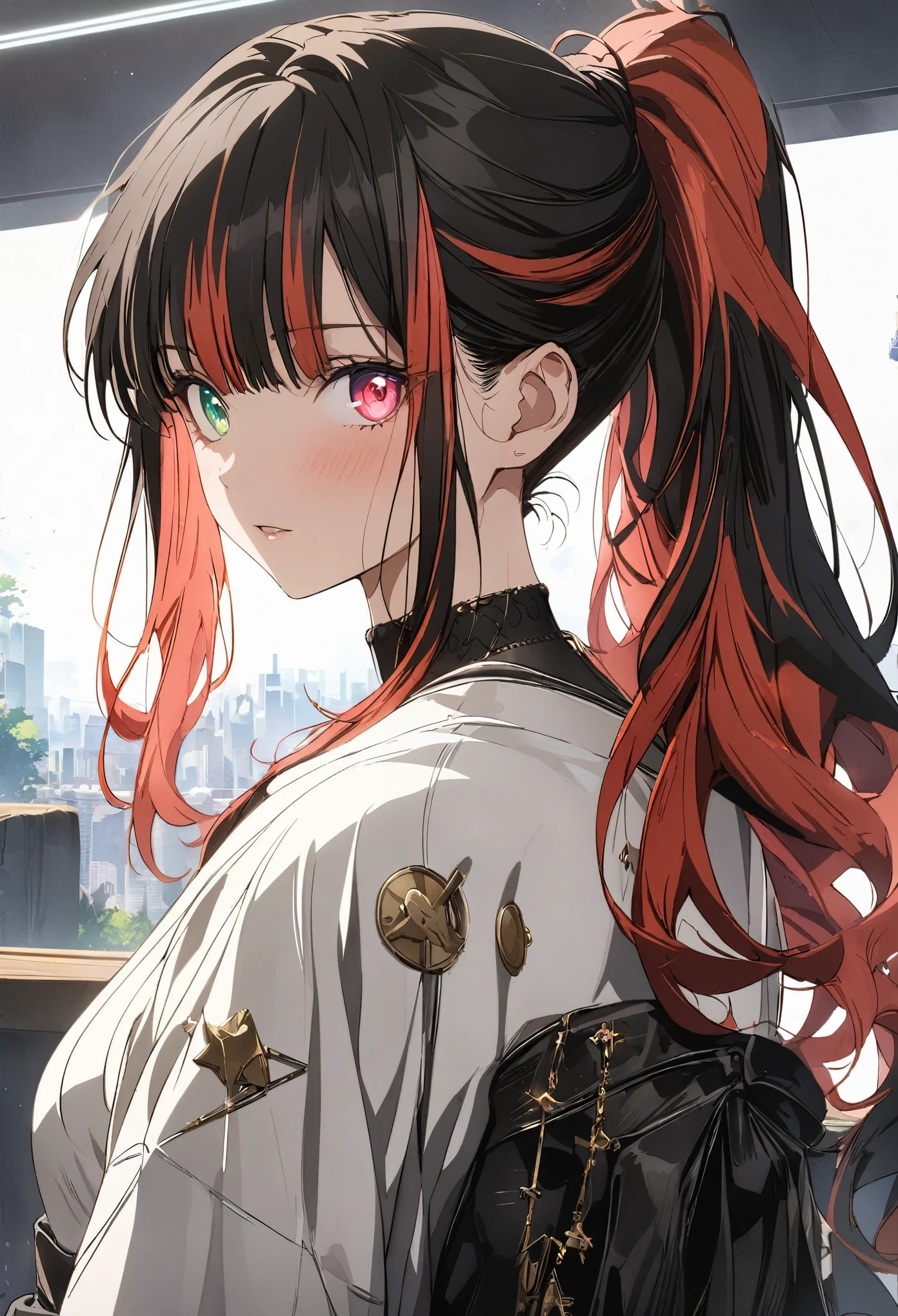 1girl, multicolored hair, black hair, red hair, bangs, ponytail, heart-shaped pupils, multicolored eyes, heterochromia, red eyes, greeneyes, anime, anime style, masterpiece, high details, high quality, award winning, best quality, highres