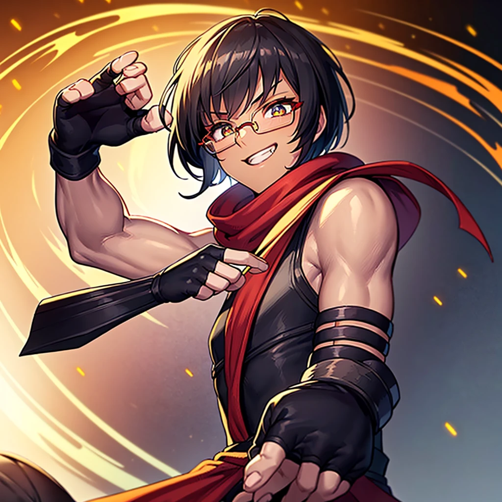 (flat chest), (masterpiece:1.2), highest quality, High resolution, unity 8k wallpaper, (fine and beautiful eyes:1.6), highly detailed face, perfect lighting, Detailed CG, (perfect hands, perfect anatomy), (1 male:1.4), 20 years old,( black hair:1.3), extremely beautiful detailfeminine face and eyes, (grin smile), detailed eyes, best quality,( dark skin:1.8), extremely detailed, very precise detailed,(glasses:1.3), blunt bangs, open mouth, (very short pixie cut:1.2), (geta:1.2),(fingerless gloves:1.5), half closed eyes,long sidelocks,(long red Scarf:1.3),(sleeveless yukata), (high kick:1.5),
