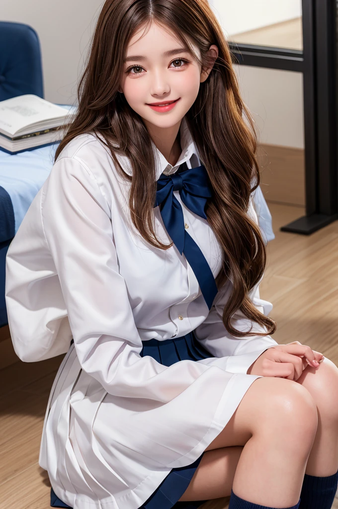 Highest quality,girl,high school girl,girl2 people,2 people.uniform,White long sleeve blouse,Dress shirt,Navy blue pleated skirt,Black knee-high, Brown Hair, Blonde Hair,Brown eyes,White long sleeve blouse,Dress shirt,cute,Sitting,wavy hair,smile,