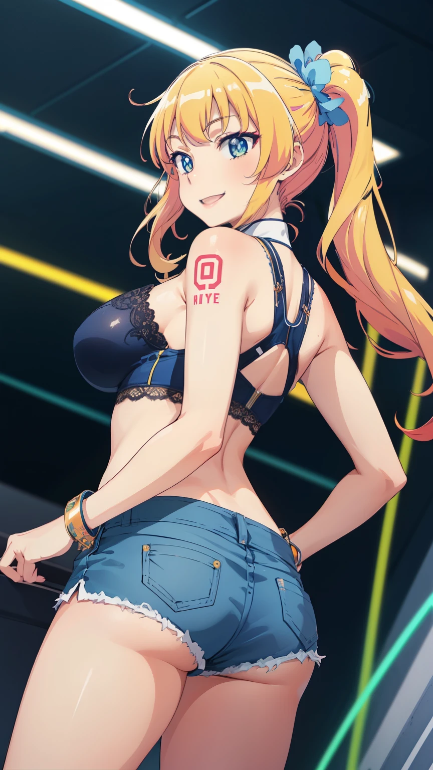 (Highest quality, high resolution, 8k:1.2),(anime:1.2), beautiful eyes, highly detailed face, detailed CG, 1 girl, gyaruko, big breasts, smiling, (From behind, Neon Garland, Underwear, Lace, Tattoos, Ultra Short Fit Stamper Flores, Mesh Tights, Short Denim Shorts, 8K, Curvy Hips), glowing skin, looking at the audience, dynamic pose, dynamic angle, solo,