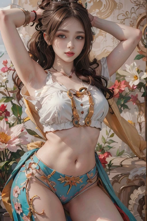 Modify hair only、Face）White clothes，chiffon，Nudity is faintly visible，Reddish brown hair，curls，Ponytail，Not bad，Perfect hairstyle，Red headdress，Red Eyess，Red Eyes，Red pupil，Exquisite eyes，Clear eyes，Red Eyes，huge ，Navel exposed，Beautiful gemstone necklace，Smile，seaside，Flowers，Extremely detailed CG unified 8k wallpaper，（High Dynamic Range：1.4），（），（Soft colors，Dull Color，Soothing tones： 1.3）Blurred background