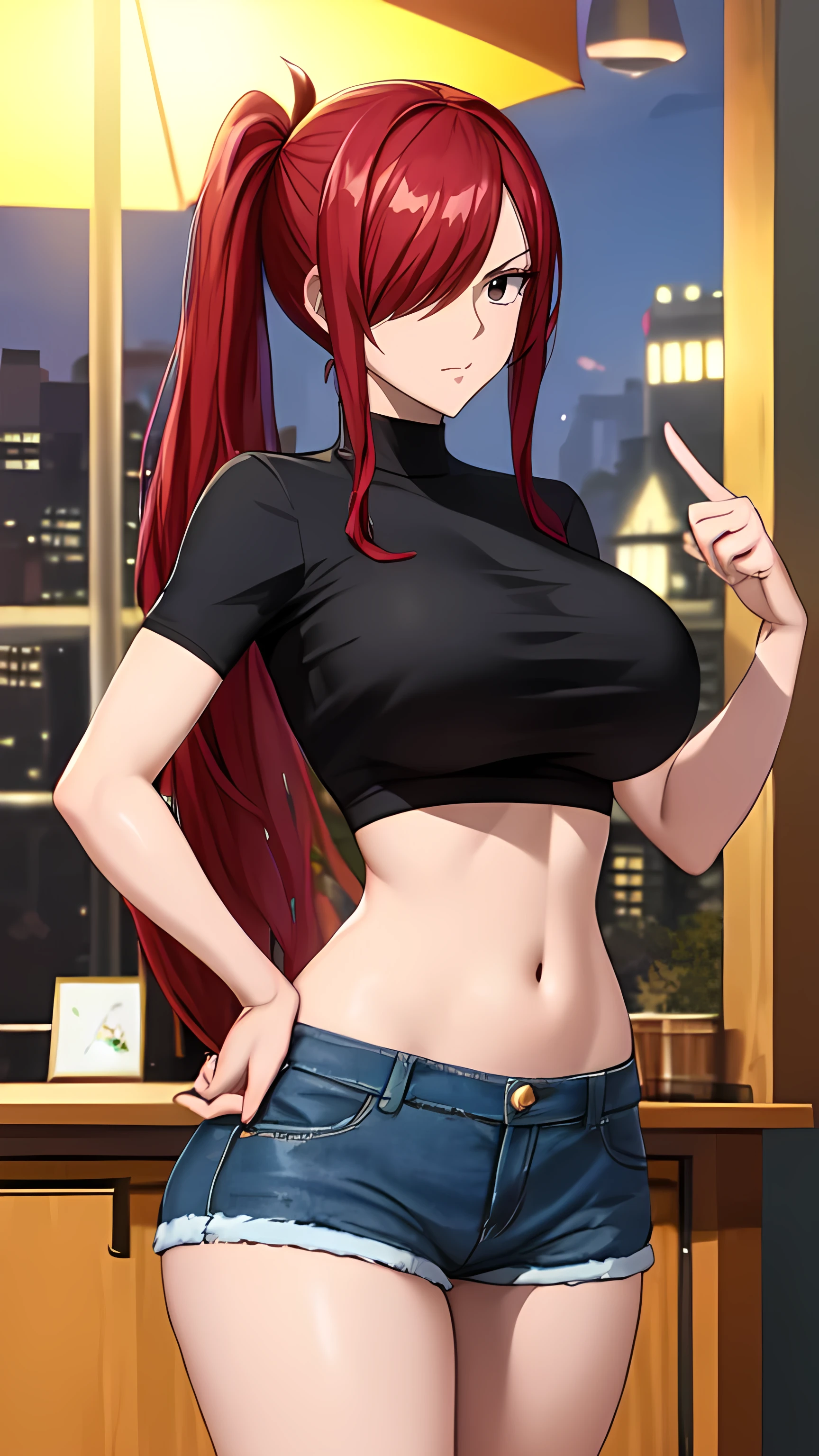 front view detailed body, long belly , curvy body, tight body , thicc, large breast, breast, long thighs, masterpiece, long hair, very long hair, bangs, red hair,side ponytails, lucy heartfilia, red hair, Hair covers one eye, erzascarlet, cowboy shot, front shot, looking at viewer, black shirt, crop top, denim, short denim, hot pants , night , city, outdoors, thong, navel, hand on hip, stockings, 20yo,Young female,Beautiful Finger,Beautiful long legs,Beautiful body,Beautiful Nose,Beautiful character design, perfect eyes, perfect face,expressive eyes, looking at viewer,(Full_body),(Focus on her face), official art,extremely detailed CG unity 8k wallpaper, perfect lighting,Colorful, Bright_Front_face_Lighting,shiny skin, (masterpiece:1.0),(best_quality:1.0), ultra high res,4K,ultra-detailed, photography, 8K, HDR, highres, absurdres:1.2, Kodak portra 400, film grain, blurry background, bokeh:1.2, lens flare, (vibrant_color:1.2) (Beautiful,large_Breasts:1.4), (beautiful_face:1.5),(narrow_waist), facing the viewer