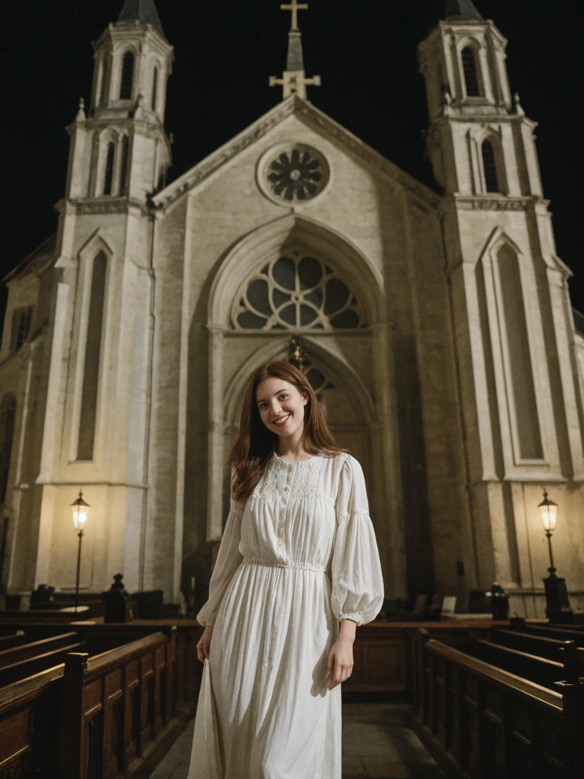 her name is Amelie, high quality, 1girl, ((25-year-old fit Caucasian woman)), ((25 years old)), ((BODY TYPE: HOURGLASS)), ((auburn straight hair)), smiling, pose: standing, wearing SOPHISTICATED long one neck dress Generation-Z modern wear bright colored, BACKGROUND:  "Exploring the historic Sablon district at night, with its elegant buildings, antique shops, and beautiful church illuminated."