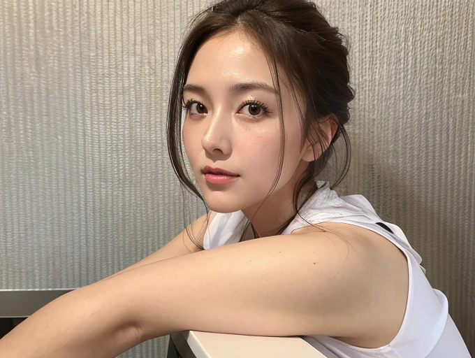 (Best image quality, 4K, high quality, masterpiece:1.2), ((masterpiece)), Attention to detail, high quality, (High resolution,16K, RAW Beautiful Girl Portrait, Best image quality, masterpiece:1.2), (Ultra high definition illustration), office, sleeveless tight business shirt, Very beautiful, (30 years old:1.1), Underarm,