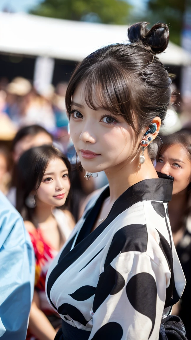 (masterpiece, Highest quality:1.3), smile、(Very detailed:1.2), (hyperRealistic:1.3), (RAW Photos:1.2),(smileで歩く:1.8)、High resolution raw color photos, Professional photos, (PhotoRealistic:1.4), (Realistic:1.4),(Small Nose:1.4)、Big eyes、(Summer festival:1.4)、Long eyelashes、Professional Lighting, Perfect Anatomy, (Very large breasts:1.2), (Detailed face), (Cute appearance:1.5), (Black hair bun:1.5), necklace, bracelet, (A beautiful woman in a yukata: 1.3)、(Multiple ear piercings:1.4)、(背景はSummer festival)、(In the crowd:1.8)、(Focus on the whole body:1.8)
