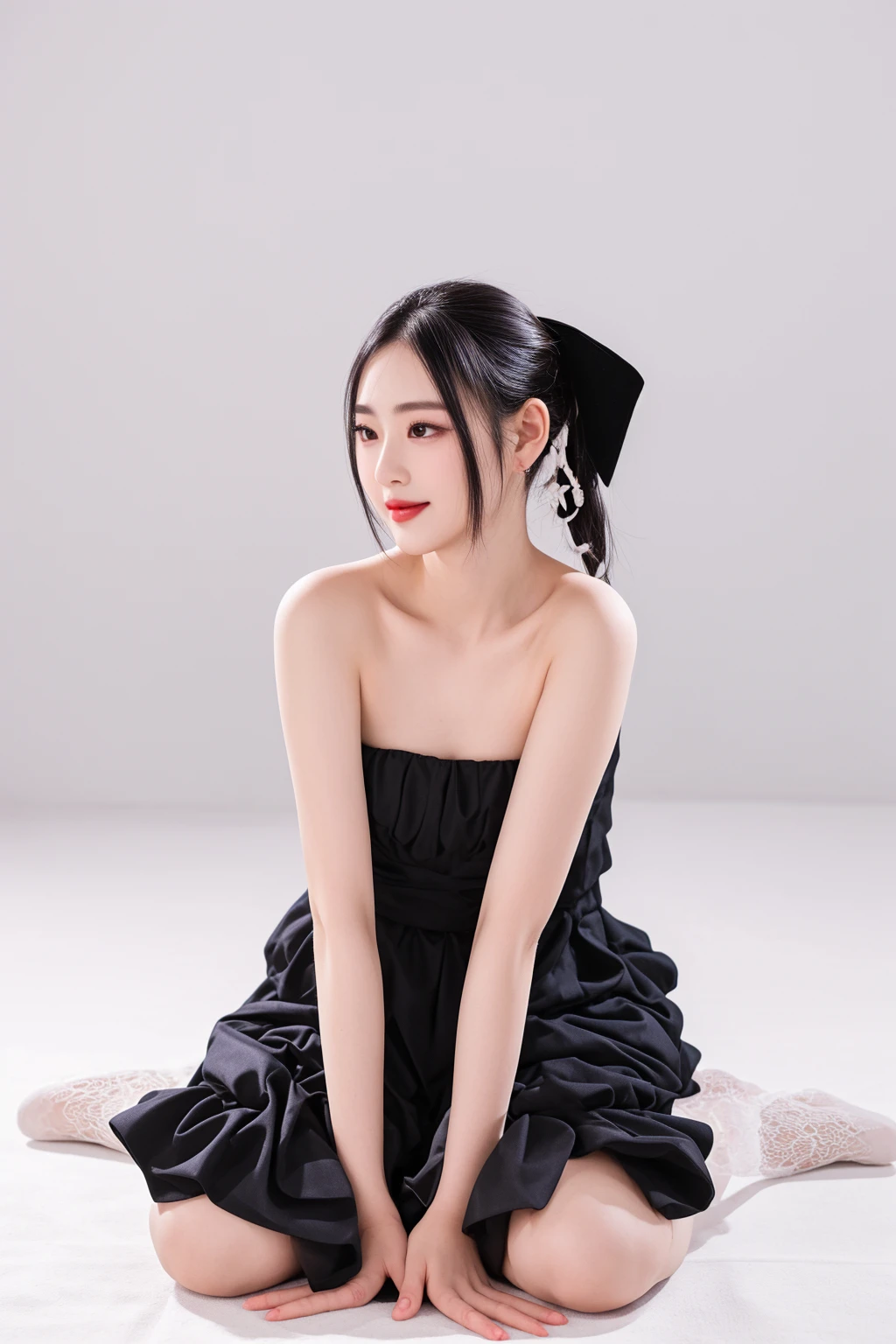 there is a woman sitting on the floor in a black dress, full body xianxia, Yoshitomo Nara, captured on canon eos r 6, she is wearing a black dress, dilraba dilmurat, jia, Cute elegant pose, yun ling, wearing long gown, elegant smiling pose, xintong chen