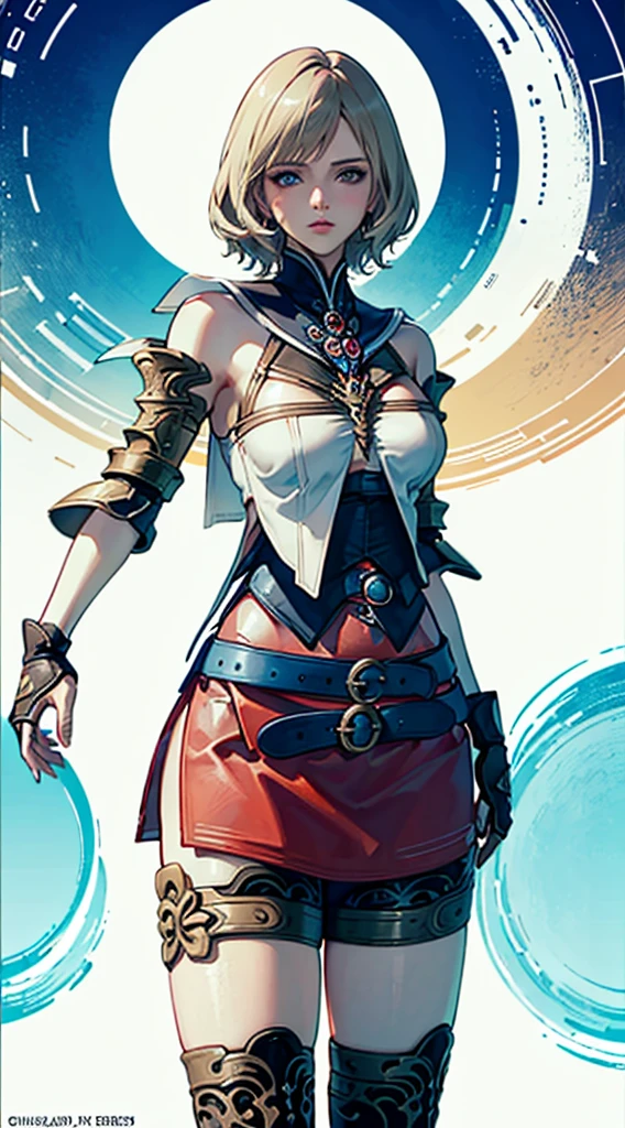S-curve,s line,(cowboy shot,masutepiece, of the highest quality, Best Quality, Official art, Beautiful and aesthetic:1.2), ighly detailed, Colorful,highest details,Illustrations,Everyday scenery, 1girl in, Solo, (large boob,Final Fantasy 12,Ashelia, shorth hair,short-hair ,Ashelia Costume,Red mini skirt, thighs thighs thighs thighs, Knee socks that cover up to the shin,jewely, Blue belt,Number on one of the belts), is standing, move chart,Medieval fantasy