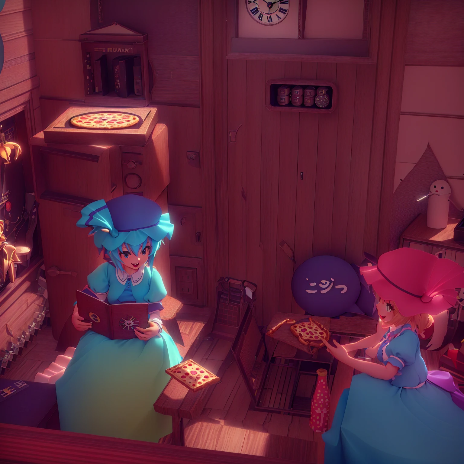 Two cartoon characters sitting in a room with a clock, East, East project, from East, East character, PC Screenshots, Happy!!!, Pixiv 3DCG, 8k!, 8k!!, pizza!, Kutira&#39;s Laboratory!, at night!!, future!!, In games, In games, In games