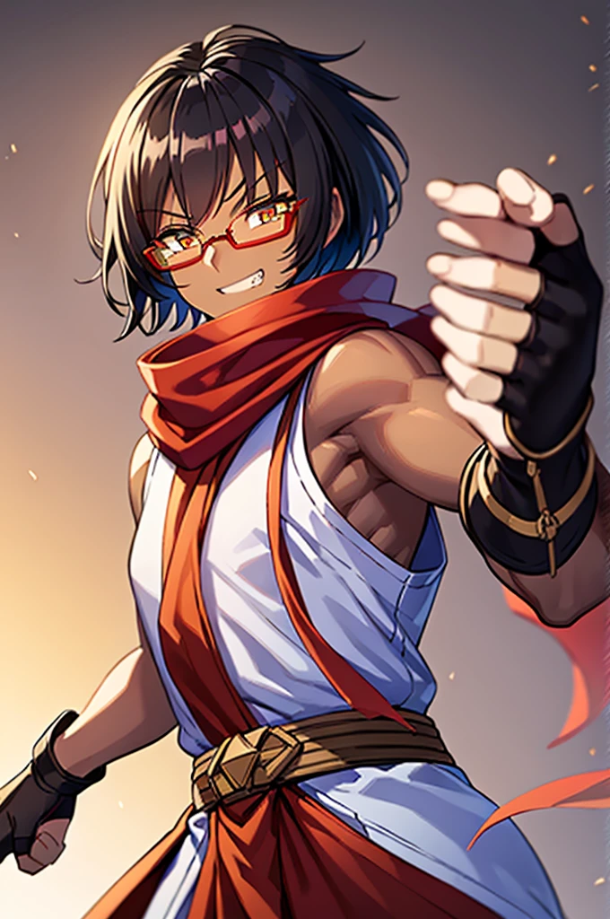 (flat chest), (masterpiece:1.2), highest quality, High resolution, unity 8k wallpaper, (fine and beautiful eyes:1.6), highly detailed face, perfect lighting, Detailed CG, (perfect hands, perfect anatomy), (1 male:1.4), 20 years old,( black hair:1.3), extremely beautiful detailfeminine face and eyes, (grin smile), detailed eyes, best quality,( dark skin:1.8), extremely detailed, very precise detailed,(glasses:1.3), blunt bangs, open mouth, (very short pixie cut:1.2), (geta:1.2),(fingerless gloves:1.5), half closed eyes,long sidelocks,(long red Scarf:1.3),(sleeveless yukata), (high kick:1.5),