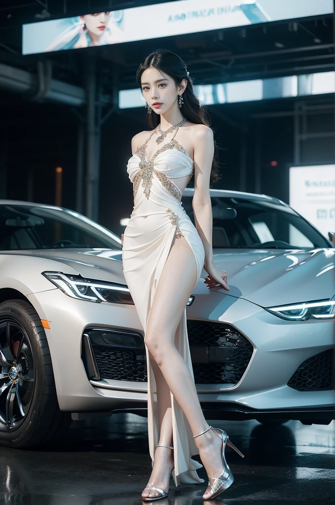 (((best quality))),(((ultra detailed))),(((masterpiece))),illustration,((1girl,gorgeous female model,solo)),((earrings,crystal necklace)),((slim,thin)),((small breasts,flat chest)),(slender legs:1.2),(high heels:1.2),(standing:1.3),(arms behind back:1.3),(beside a sleek futuristic car:1.3),(glamorres sparkled gown:1.3),intricate embellishments,drop-dead gorgeous,(shoulder length straight hair:1.2),vibrant piercing eyes,delicate facial features,rosy cheeks,parted res lips,confident allure,beauty grace,intricate patterns,shimmering fabric,elegant draping,complementary skin tone,radiates beauty,allure,sleek streamlined design,futurism,smooth curves angles,ambient lighting,ethereal aura,intricate patterns,LED lights,glow,sea of activity,(surrounded by crowded crowds:1.3),examine cars,electric atmosphere,cyberpunk style,excitement anticipation,energy palpable,enthusiasm future automobiles,modern elegance,technological innovation,captivating vibrant scene,invite viewers step into future,embrace beauty,((from front,full body))