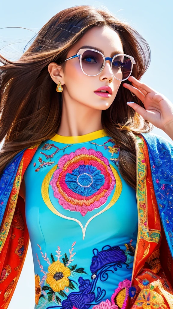 Hyperreal, Supermodel, Summer, fashionable, bright fitness suit, designer embroidery, beautiful hair, very beautiful capWith the inscription like, detailed eyes, fashionable glasses, detailed lips, fashion illustration, elegant, dressed, feminine, fabrics that are high chic high fashion, style of the best fashion designers, fusion of surreal elements, fusion of art, digital rendering, chic elegance, detailed, ultra HD, realistic, bright colors, very detailed, UHD, pen and ink, perfect compositio