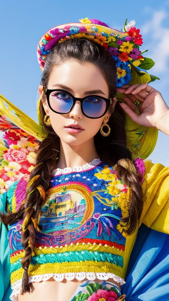 Hyperreal, Supermodel, Summer, fashionable, bright fitness suit, designer embroidery, beautiful hair, very beautiful capWith the inscription like, detailed eyes, fashionable glasses, detailed lips, fashion illustration, elegant, dressed, feminine, fabrics that are high chic high fashion, style of the best fashion designers, fusion of surreal elements, fusion of art, digital rendering, chic elegance, detailed, ultra HD, realistic, bright colors, very detailed, UHD, pen and ink, perfect compositio