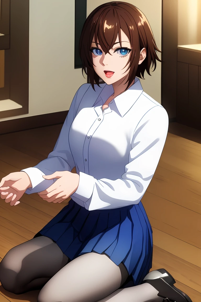  Chisa,brown hair,short hair,medium breasts, brown eyes,hair between eyes, bangs, 
BREAK ((collared shirt, (white shirt:1.2), long sleeves, pleated skirt, blue skirt, black pantyhose:1.5)) 
BREAK kneeling,indoors,implied fingering,fingering,hand under clothes,breast grab,pussy juice,heart,motion blur,panting,saliva,sound effects,
BREAK (masterpiece:1.2), best quality, high resolution, unity 8k wallpaper, (illustration:0.8), (beautiful detailed eyes:1.6), extremely detailed face, perfect lighting, extremely detailed CG, (perfect hands, perfect anatomy),