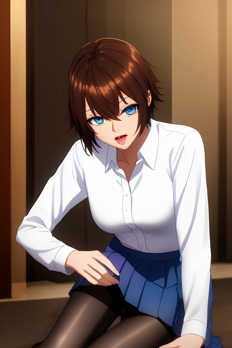  Chisa,brown hair,short hair,medium breasts, brown eyes,hair between eyes, bangs, 
BREAK ((collared shirt, (white shirt:1.2), long sleeves, pleated skirt, blue skirt, black pantyhose:1.5)) 
BREAK kneeling,indoors,implied fingering,fingering,hand under clothes,breast grab,pussy juice,heart,motion blur,panting,saliva,sound effects,
BREAK (masterpiece:1.2), best quality, high resolution, unity 8k wallpaper, (illustration:0.8), (beautiful detailed eyes:1.6), extremely detailed face, perfect lighting, extremely detailed CG, (perfect hands, perfect anatomy),