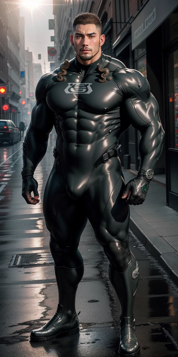 2 meters high, Muscular man opens his mouth and screams., Light grey camouflage uniform, He is tall, Character Concept(生化危机 - Chris Redfield, Chris Redfield)Wearing a light gray camouflage wetsuit, Tightly entangled by the thick octopus tentacles, Regular symmetrical texture pattern, Standing on the street,Octopus tentacles on hands, Lots of slime octopuses and sludge, Sad expression, Deep and charming eyes, Emerald Eyes Hero, Heroic male pose, Tall and Burly, muscular!Attractive leg muscles, High target, Burly, Heqiang, Wearing a light gray camouflage wetsuit, Super Buff and Coolness, High Resolution Committee, Big feet in black boots, Charismatic strongman, The bright sunshine shines on you, Matte particles, Shiny texture