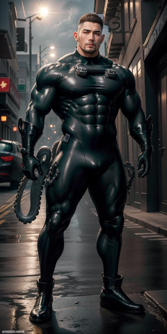 2 meters high, Muscular man opens his mouth and screams., Light grey camouflage uniform, He is tall, Character Concept(生化危机 - Chris Redfield, Chris Redfield)Wearing a light gray camouflage wetsuit, Tightly entangled by the thick octopus tentacles, Regular symmetrical texture pattern, Standing on the street,Octopus tentacles on hands, Lots of slime octopuses and sludge, Sad expression, Deep and charming eyes, Emerald Eyes Hero, Heroic male pose, Tall and Burly, muscular!Attractive leg muscles, High target, Burly, Heqiang, Wearing a light gray camouflage wetsuit, Super Buff and Coolness, High Resolution Committee, Big feet in black boots, Charismatic strongman, The bright sunshine shines on you, Matte particles, Shiny texture