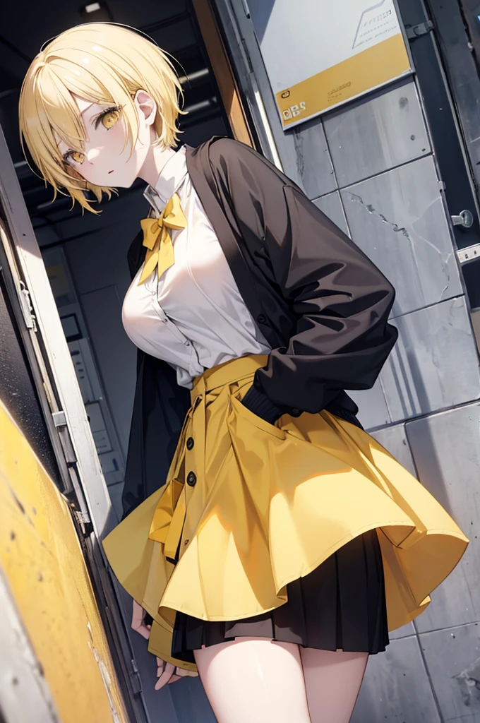 Anime, light yellow short hair, white skin, Wearing a black skirt., yellow cardigan, light yellow eyes, big breasts