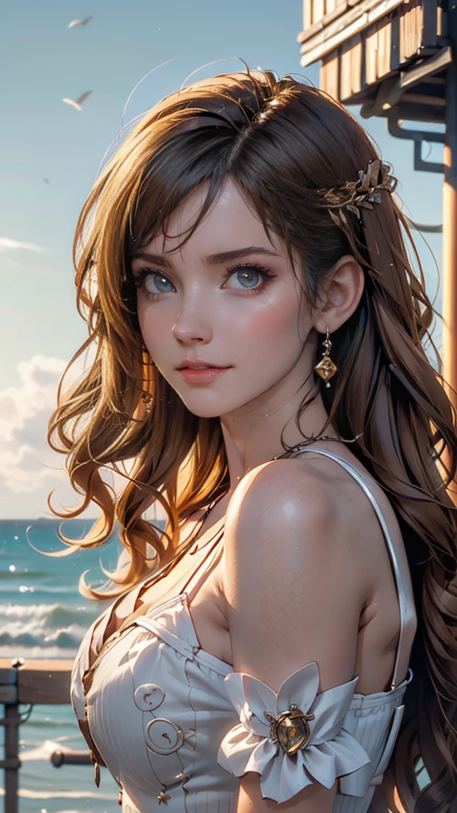 ( high quality , Super detailed, Watch your hands )Zodiac sign - Gemini Goddess , Similar to the goodness of Latin , Twin Goddesses , Curious, Skillful, Humorous, Fascinating, Imaginative faces , Sometimes unrealistic, Restless, Nervous, Careless style , Light brown eyes , Light blonde hair , Transparent dress , In the windy sea , whole body , Sexy Makeup ,