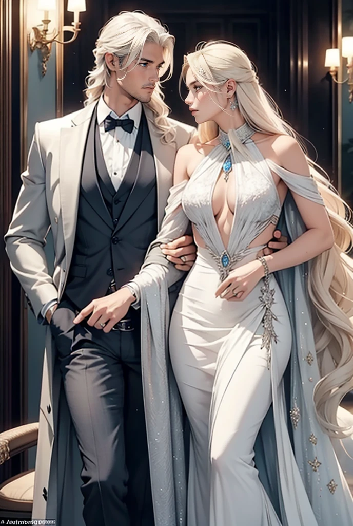 Tall, handsome, statuesque, courageous, adult man is platinum blonde, he is a centaur, he has long straight platinum hair, blue eyes, a beautiful embossed torso, isabella croup, he holds the hand of an incredibly beautiful young femme fatale blonde in a light antique-style dress, she has long golden hair, blue eyes. they are in love with each other. Realistic image. 