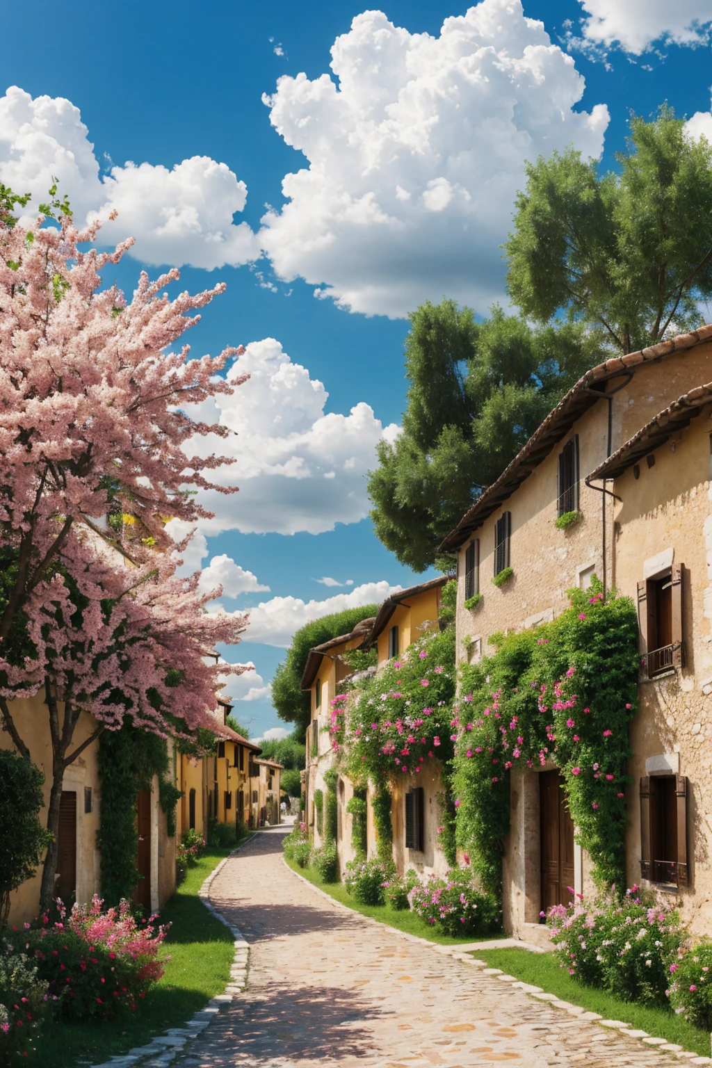 realistic landscape of the Italy village afternoon, clouds are white, flowers and trees have vivid colors, HD and realistic details,