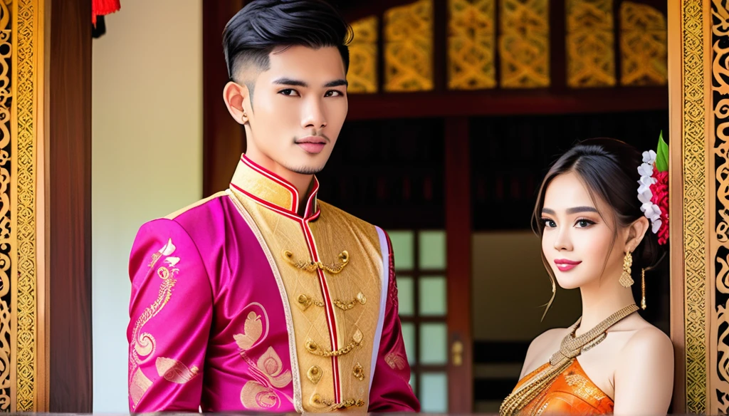 candid fashion illustration of young man 27 year old and beautiful young girl , adorned in a meticulously crafted North Thai traditional outfits, Lampang, the image boasts high-quality, Lanna, North Thai traditional costume.