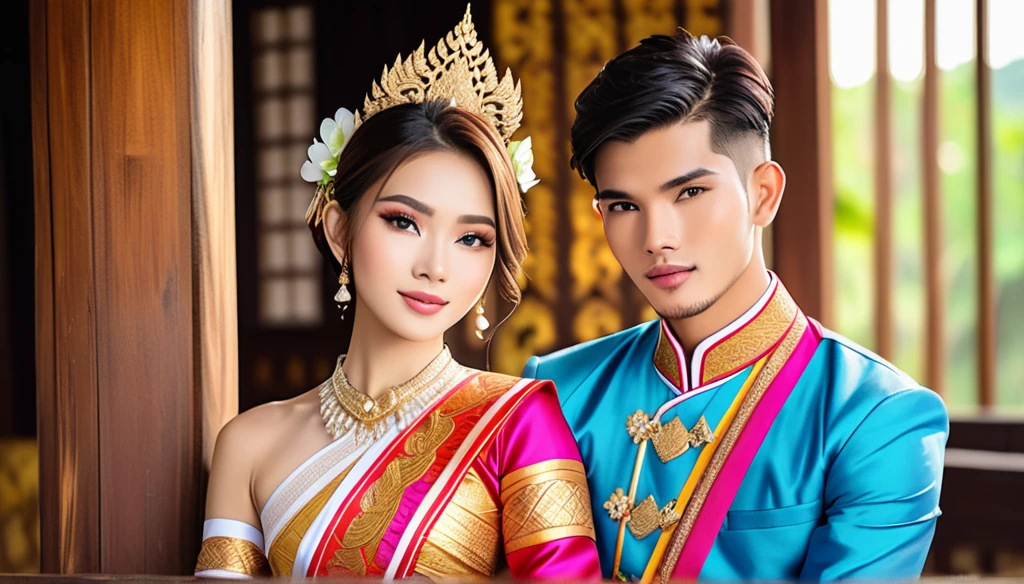 candid fashion illustration of young man 27 year old and beautiful young girl , adorned in a meticulously crafted North Thai traditional outfits, Lampang, the image boasts high-quality, Lanna, North Thai traditional costume.