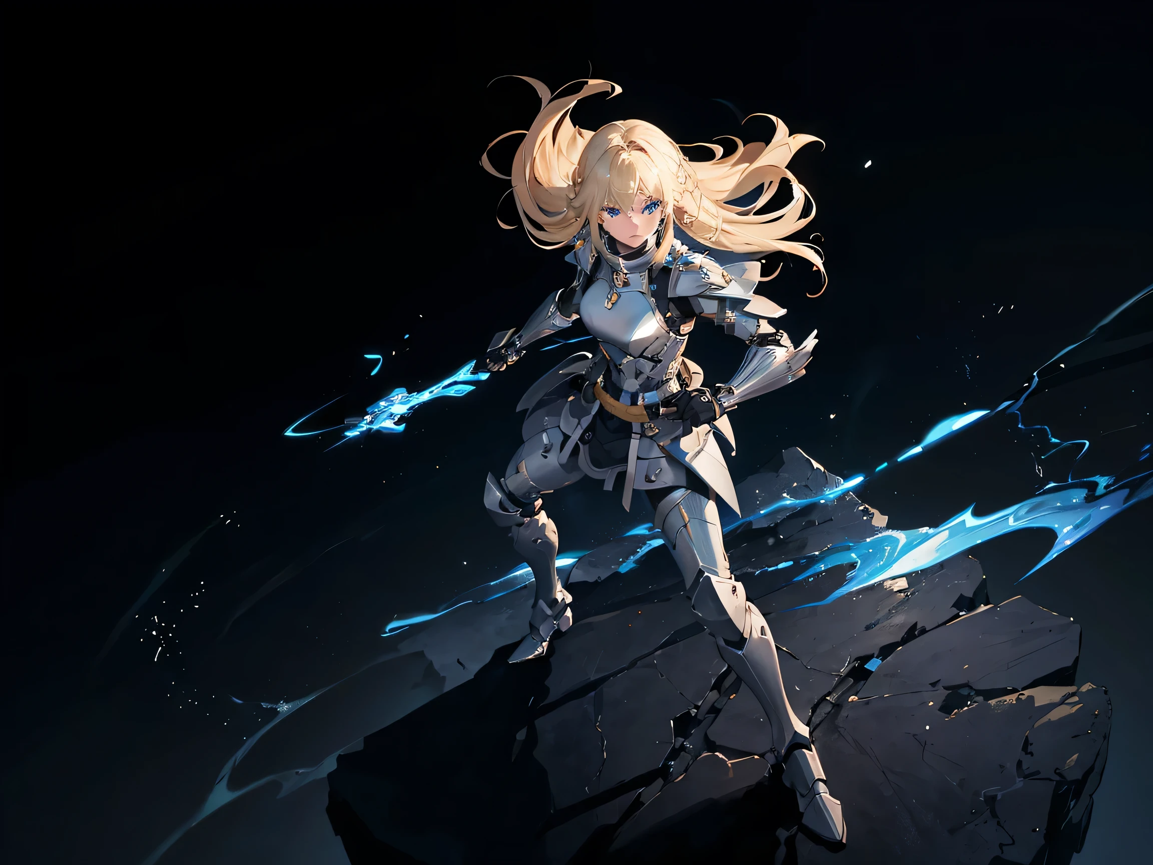 18 years old, blond hair, flowing blond hair, blue eyes, in a full body black armor, futuristic, masterpiece, high quality, with a lightning energy in hand, shoulders exposed, gloves, ready to fight pose, 4k, overhead view, solo character