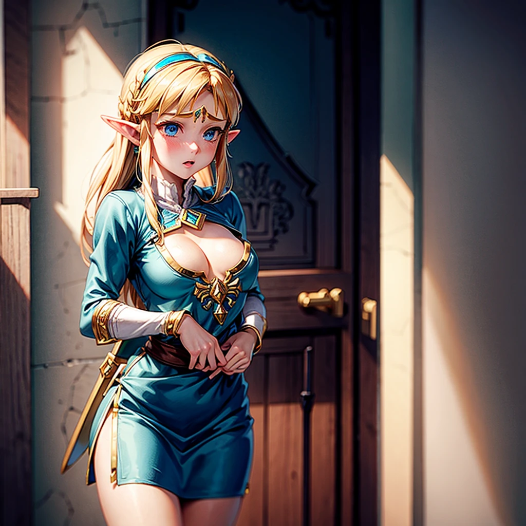 Zelda. Medium breasts. blushes with embarrassment