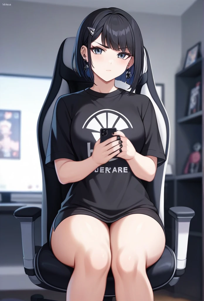 Adult, Female, Black hair, goth girl, gothic, goth clothing, goth make up, thick thighs, medium chest, annoyed, disgruntled, sitting in gaming chair, gt racing chair, black and white chair, bedroom, gothic bedroom, aesthetic bedroom, Masterpiece, Accurate, Anatomically Correct, Best Quality, High Details, Detail, Super Detailed, Best detail, Perfect detail, Amazing detail, [-3, 3], perfect hands, best hands, best fingers, perfect fingers, perfect body, best body, amazing body, Looking at viewer, front facing, upper body shot,